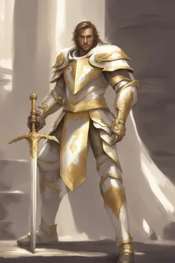 Leonin knight wearing white and gold armor, wearing a white and gold cape, holding a large sword and shield