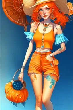 Full body of beautiful girl nami, Hair Color: Orange, Style: Wavy, Outfit Top: Blue, Outfit Bottom: Orange, Shoes: Brown, Accessories: Tangerine, Weapon: Clima-Tact, Hat: Straw, Tattoo: Pinwheel, Earrings: Hoops, sophisticated,, beautiful woman, hyper realistic, hyperrealism, photoreal, realistic, photorealistic, soft pastels, full-body, standing, long shot, wide angle, aesthetic