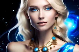 superbe femme galactique, blonde, top model, yeux bleus éclatants, vêtement de l'espace très chics et sophistiqués couleur or et blanc, fins bijoux, chevelure magnifique blonde, visage souriant