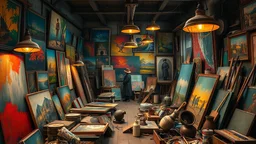 A chaotic and lively room, where art and clutter intertwine organically. The walls are covered with vibrant paintings, some hung awkwardly, others propped against the floor in irregular piles. Antique lamps hang from the ceiling, casting a warm, dim light that highlights the saturated hues of the paintings. The space is dotted with forgotten objects: used paintbrushes, open cans of paint, small sculptures and rusty tools. In the background, a solitary figure, dressed in a long coat and hat, peer