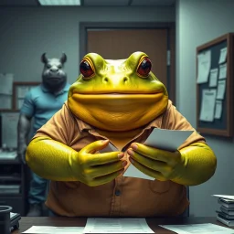 close up photo of a fat yellow-green color angry anthropomorphic frog in simple human cloths and take his hands many paper in office, on the wall hang an wall board with some written sheets of paper, behind in background standing an anthropomorphic strong gray rhinoceros in blue jeans t-shirt behind in halb open door , dark colors, detailed 3d, sci-fi, fantasy mood