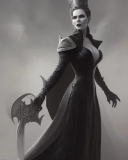 old evil queen in black leather gown, femme fatale, volouptous, busty, cleavage, angry, emperious, 8k resolution concept art portrait by Greg Rutkowski,