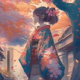 a girl wearing a kimono with ornaments and the leaves falling from the trees near a street filled with beautiful cherry trees futurism, digital art, anime, full details, high resolution, colorful, 4k, HD