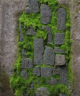 Ancient mossy ruin wall depicting hieroglyphs of futuristic technology behind a waterfall