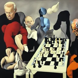 Complex Surgical Instruments,Putin,President Xi jinping,Joe Biden Play Chess with a Newborn Boy,absolute order,black background,surrealism,minimalism,Painting By Adrian Ghenie,Michelangelo,Rene Magritte,Lucian Freud,Salvador Dali,Pablo Picasso