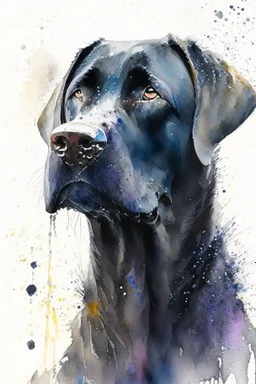 A portrait of black Labrador by Willem Haenraets, watercolor, wet on wet and splattering techniques, centered, perfect composition, abstraction, surrealism