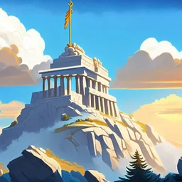 mount olympus from the greek mythology. High up in the mountains. Illustration. Cloudy. Sun behind the temple of ZEUZ.