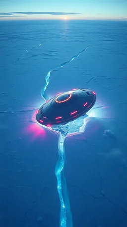 A ufo starship crashed in an ice cracks aerial view of a landscape made of ice that looks futuristic with futuristic lighting, horizon, realistic rendering