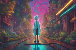 Rick in 8k cartoon artstyle, neon effect, Rick and morty them, close picture, rain, fantasy world, intricate details, highly detailed, high details, detailed portrait, masterpiece,ultra detailed, ultra quality