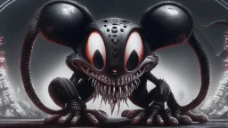 a spider mickey mouse hybrid, photorealism, movie screen capture, horror, sci-fi, retrofuturism, evil, demon-like