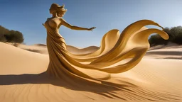 dancing statue of a wind-blown sand lady (made of sandstone):1.7; amazing reflections, circular swoosh, dynamic, cinematic, dramatic, cam in motion, swirl dynamics, deep low angle, summer heat, vivid sand and chartreuse colors, bright tone, sharp shadows, black outlines, immersed in motion