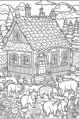 A cute cozy woodland cabin surrounded by peaceful animals, Coloring page for kids, cartoon style, thick outline, low details, no shading, no color