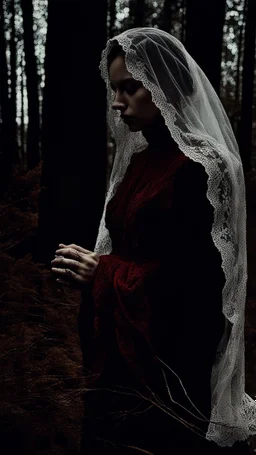 girl alone wearing lace veil with blood on it praying in the forest in the dark.cinematic.candles all around her