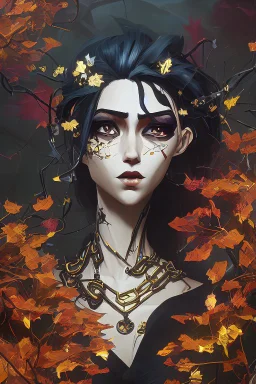 abstract creation of a beautiful girl with black curly hair, surrounded by black roses, thick metal chain broken, glass petals on the ground, autumn colours,dried out thorn bush, chaos,