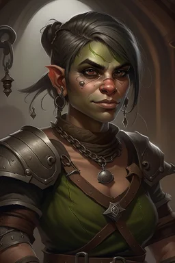 Dungeons and dragons orc woman. She has gray skin. She is kind. She is handsome. She has nice eyes. She has short hair. She is strong. She is in a tavern. She has broad shoulders. She has a large jaw. Realistic style