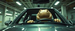 car driving happy 2d anime fluffy alien hippo man in the style of Escher and Giger and Fallout 4, pinhole cam, airbrush 3d rendering, on tv screen:A five-second cinematic single take in a clean industrial presentation hall.