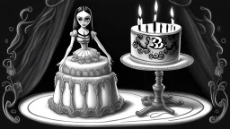 draw a birthday cake with logo number 23 and one candle 23 ,Insanely detailed Addams Family movie still with Barbie dolls