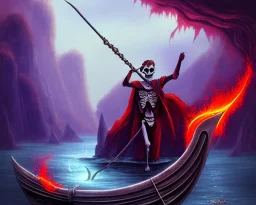 sango fantasy, fantasy magic, intricate, sharp focus, illustration, highly detailed, digital painting, concept art, matte, Greek mythology Charon ferryman, skeleton in full length cape, in boat on river styx, sharp jagged rocks, red purple blue colours, red hot lava river