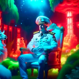 portrait of macho army officer on a bar chair inside glowing mushroom grove with huge fluffy space lama, 4 k, down-light, soft light, depth of field, photo realism, trending on art station, high detail, spray paint