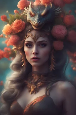 hot worrior woman of flowers , with mixing a dragon style accessories and fashion, belly,ornaments hair,sparkle ,candels,realistic,portrait,nature goddess character concept, big eyes, smoky eye makeup, in the style of surreal beauty, floral scenery, majestic woods, exotic realism, beautiful colorful volumetric lighting, sharp focus, depth of field, masterpiece, octane render, concept art, trending on artstation, trending on CGSociety, 32k