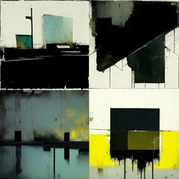 Minimal contemporary abstract oil paintings of desolate 1960s carpark with road markings and concrete fragments. Lone figure. Overlay with grungy typography graphics. style of Justin Mortimer and Francis Bacon.