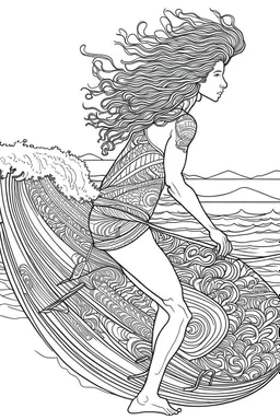 Outline art for coloring page OF THE BACKSIDE OF A HAWAIIAN SURFER WITH BIG CURLY KINKY HAIR WEARING SHORTS RIDING A SURFBOARD ON A WAVE, coloring page, white background, Sketch style, only use outline, clean line art, white background, no shadows, no shading, no color, clear