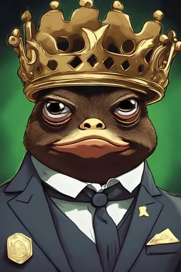 Profile picture of Pepe crypto meme. Pepe is wearing a suit with a crown.