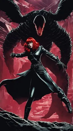 Full-body retro photo of a woman with straight red hair and a Fringe, in a fight with a monster, wrapped in tenacles, in an action pose, sci-fi Background