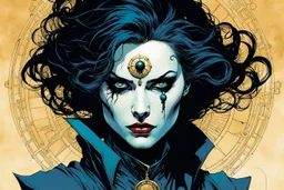 create an ethereal, otherworldly female Ravnos antediluvian vampire time traveler , in the comic book art style of Mike Mignola, Bill Sienkiewicz, and Jean Giraud Moebius, with highly detailed feminine facial features , finely inked , dramatic natural lighting