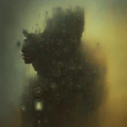 photographic camera in abstract style. fog and smoke in atmosphere. bokeh, lens flare. Dark mood. Dripping paint. oil on canvas, high detailed. beksinski