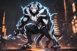 Venom beast in solo leveling shadow artstyle, white tiger them, neon effect, full body, apocalypse, intricate details, highly detailed, high details, detailed portrait, masterpiece,ultra detailed, ultra quality