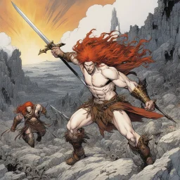 [art by Michael Kaluta] once a flourishing field, now reduced to burned ruins, fumes of death hung heavy in the air. Amidst the devastation, an enraged redhead Barbarian, a towering figure of wrath and fury, thundered across the desolate landscape. His eyes blazed with a primal rage as he sprinted towards a lone white paladin, clad in chrome steel plate armor, a beacon of light amidst the darkness. The Barbarian faces the paladin.