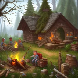 a group of people with tools working on a base in the forest by a campfire and stone wall, all in pixel art cartoony stile