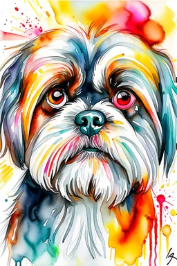 Abstract wet watercolour of a Shih tzu ink lines, interlinked circles,detailed focus on eyes