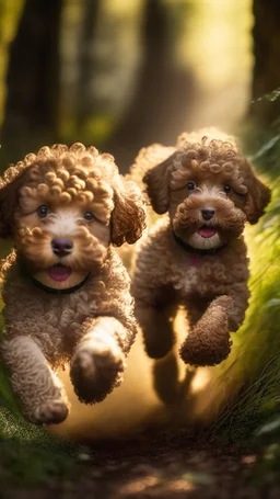 extreme close up photography of two cute puppy lagotto romagnolo happy dogs in a wood , running looking for truffles , in Tuscany Italy , photorealistic, backlight, 35mm lens