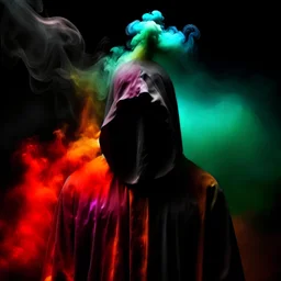 hood for a monk. direct view , Red, orange, yellow, green, blue, dark blue, purple , Smoke in the Galaxy