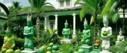 A green and white resort with fruit designed in Hawaiian tiki statues painted by Maurice Utrillo