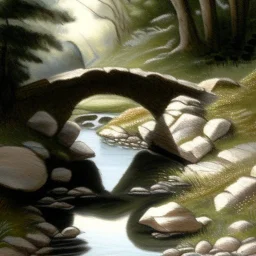 a landscape painter draws a sketch at a little stone bridge, brook, highly detailed, smooth colours