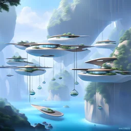 In this futuristic scene, houses are perched on levitating stones, interconnected by suspended bridges. The ethereal setting combines the architectural charm of floating homes with the structural elegance of hanging bridges, creating a harmonious blend of innovation and fantasy.