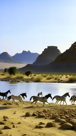 Sudan , kassala mountains, horses running down mountain leading to blue lake