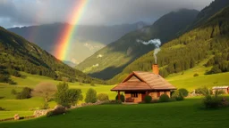 A cozy cottage nestled in a lush, green valley, with smoke curling from the chimney and a rainbow arching overhead. Photographic quality and detail, award-winning image, beautiful composition.