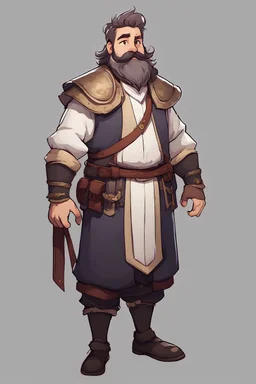 Generate art for a DnD character, he is a Bard and is a dad, a lot of hair, he has hairy goat legs and hornes, he little beer belly, a mustache, very friendly human face, is the dad of the group, is avergae height, he has goat legs!!!