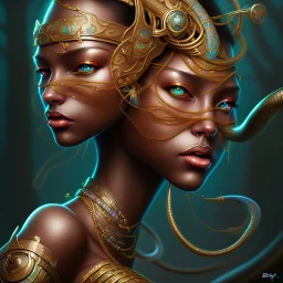 sango fantasy, fantasy magic, intricate, sharp focus, illustration, highly detailed, digital painting, concept art, matte, masterpiece snake head sexy lady body black African beauty nice brest