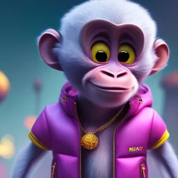 pixar style anamorphic cute monkey baby, smiling, gangsta gold neckless, full body, magenta puffer jacket, manila city backdrop, dramatic lighting, hyper-realistic, unreal engine 5, 16k. full detailed,