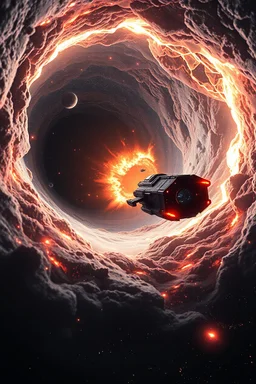 A spaceship getting out an Intense worm Hole explosion in deep space. Wormhole apocalypse wipes out Universe. Worm-hole collision explodes in outer space. Epic galaxy with growing black hole. Cinematic interstellar