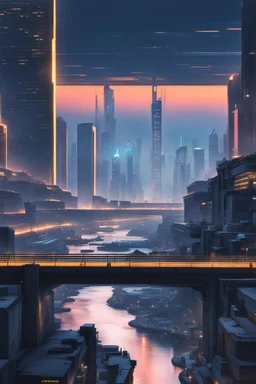 a large river in a modern city world, large buildings, cyberpunk style