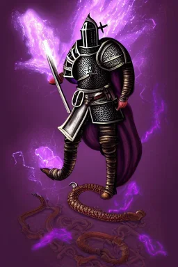 medieval Knight, violet color, high detail, sorcery, sparks, mechanical, plasma, treasure, weapons, slithery, legendary, castle, dragon