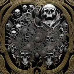 the source of future growth dramatic, elaborate emotive metallic Baroque and Rococo styles to emphasise death as a transcendental, seamless pattern, symmetrical, large motifs, sistine chapel ceiling, 8k image, sharp focus, gothic mothifs and (skulls:1) in rococo style, black metal forge, black colors, perfect symmetry, 3D, no blur, sharp focus, photorealistic, insanely detailed and intricate, cinematic lighting, Octane render, epic scene, 8K