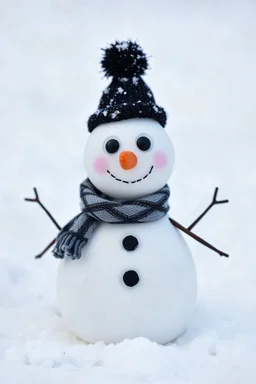 An adorable snowman standing proudly at the center, crafted with perfectly rounded snowballs and a carrot nose that tilts upwards slightl. This miniature snowman wears a warm scarf made of snow that wraps around the base of the hat. The snowman's eyes and smile are made of shiny black coal,