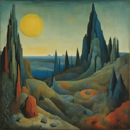 For The Eyes of Silence Max Ernst employed a technique called decalcomania to create arbitrary textures on the canvas, which he then reworked to resemble rock formations and forms of animals, plants. a primordial-like "part vegetation, part rock and part bejewelled